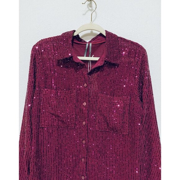 Anthropologie Top Womens Large Raspberry Remie Sequin Button Up Mob Wife Boho - Picture 3 of 7
